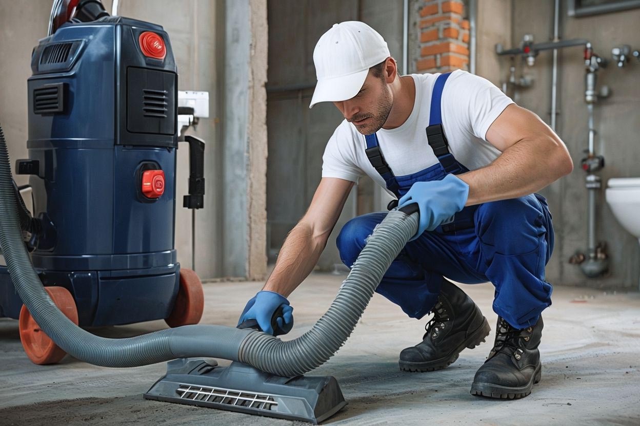 Man Operating Industrial Vacuum Cleaner In Construction Setting